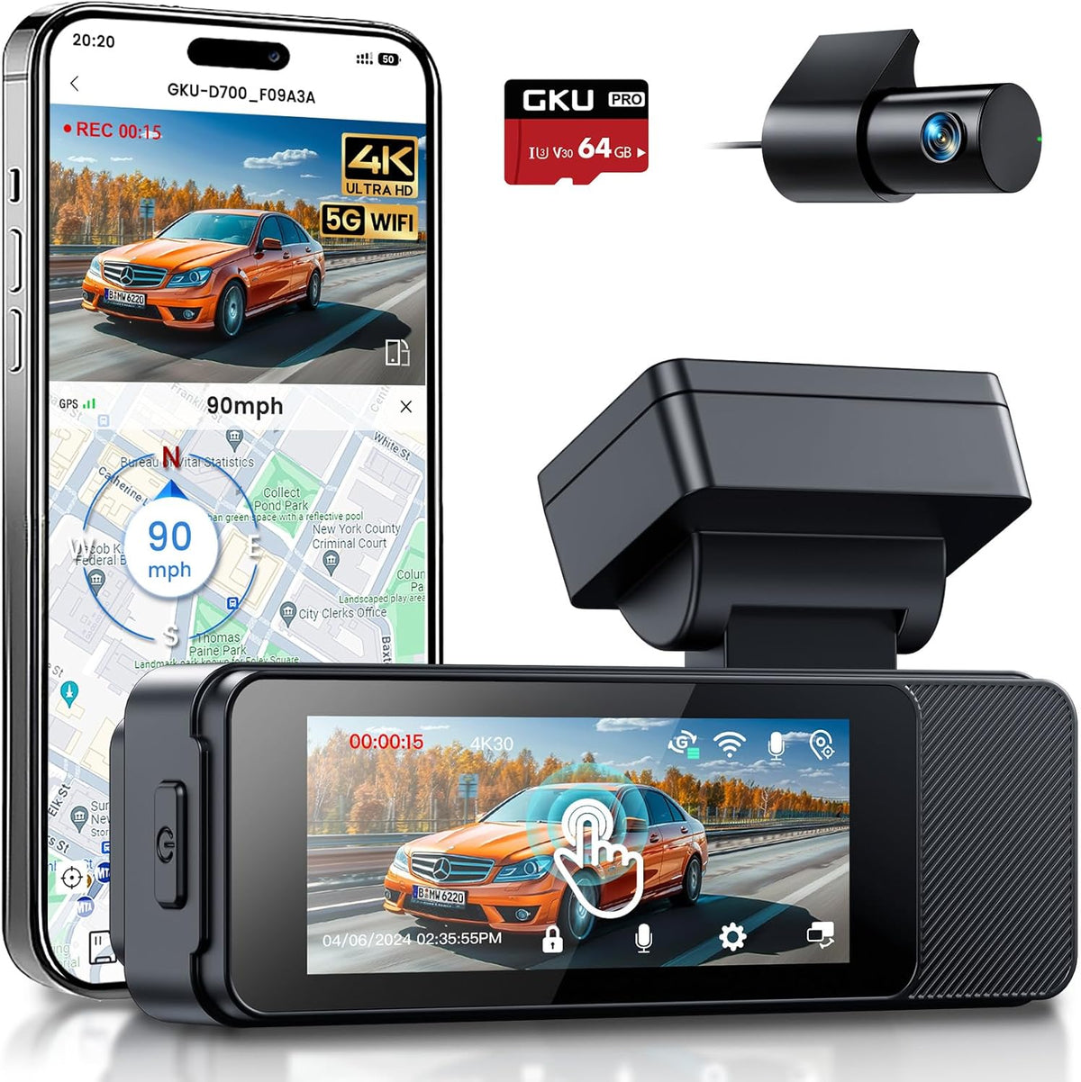 GKU Dash Cam Front and Rear, 3.18'' Touchscreen, 4K+1080P Dashcam, Built-in GPS, 5.8GHz WiFi Dash Camera for Cars with 24H Parking Monitor, Night Vision, WDR, Supports 512GB Max