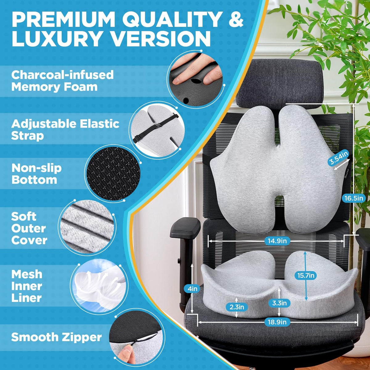 BEAUTRIP Seat Cushion & Lumbar Support Pillow for Office Chair, Car & Wheelchair - Ergonomic Coccyx Cushion for Tailbone, Sciatica & Back Pain Relief - Extra-Dense Charcoal Memory Foam Chair Cushions