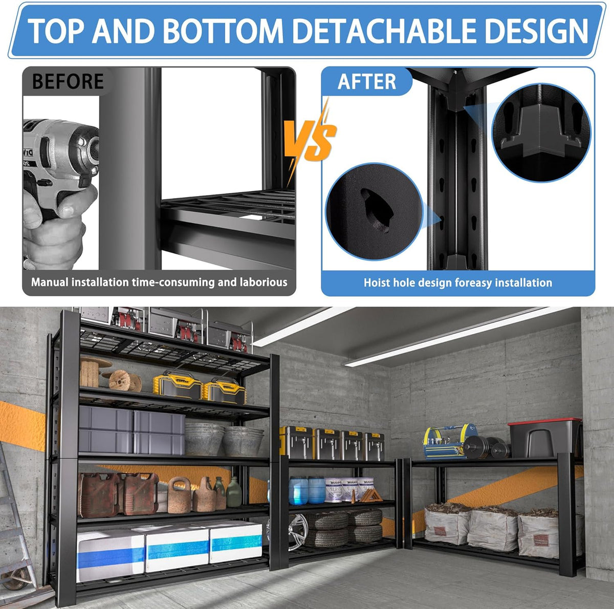 5-Tier Heavy Duty Garage Shelving Unit with Wire Shelves,3000 LBS Capacity Metal Storage Rack 76"H x 60"W x 24"D,Adjustable Boltless Steel Shelves for Garage,Basement,Pantry,Warehouse.1 Pack