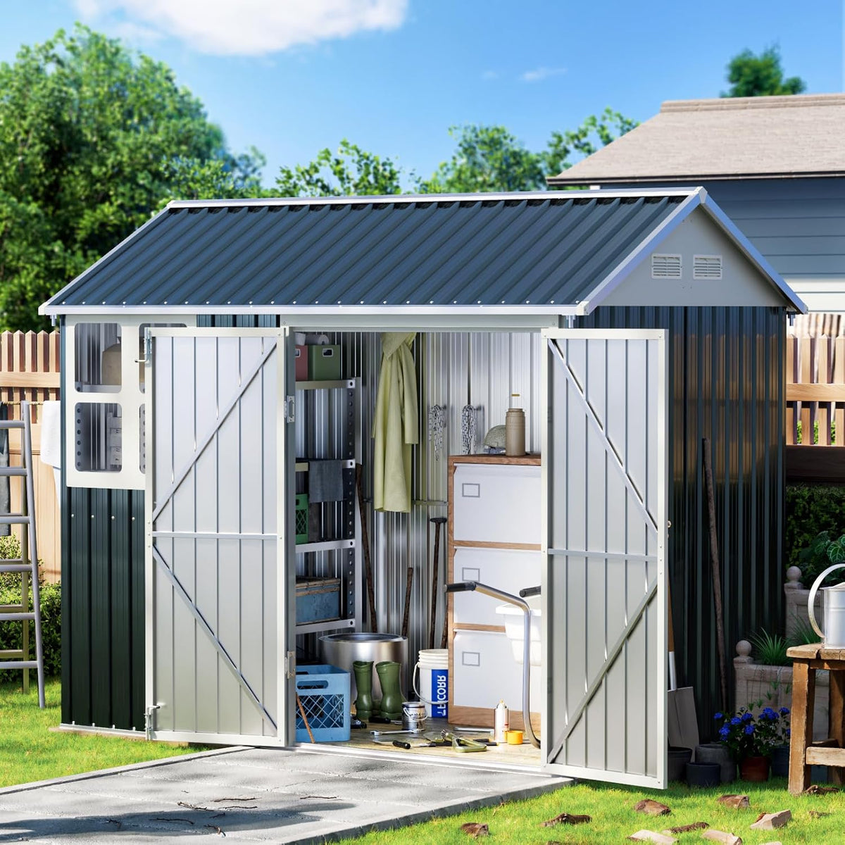 8X6FT Outdoor Steel Storage Shed with Lockable Doors, Frame Floor (No Wood/Other Boards),One Window,Ideal for Garden, Backyard, Patio Storage