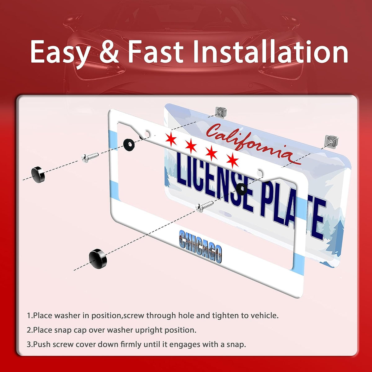 Chicago Flag License Plate Frame City Theme License Plate Stainless Steel Parts Funny License Plate Decorative with Screws Size 12.3" x 6.3" Men Women