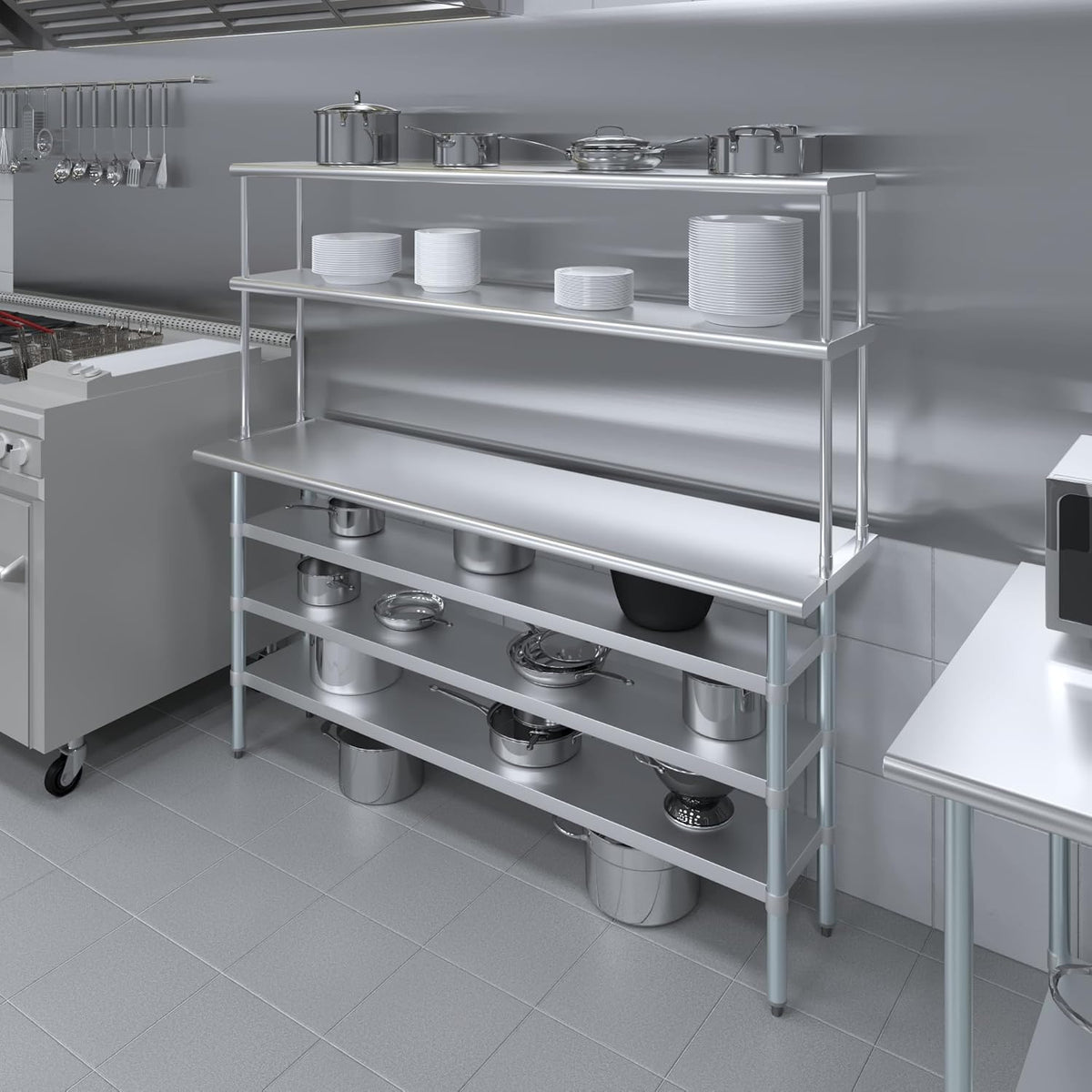 Amgood 18" x 72" Stainless Steel Work Table with 3 Shelves and 12" Wide Double Tier Overshelf | Metal Kitchen Prep Table & Shelving Combo | NSF