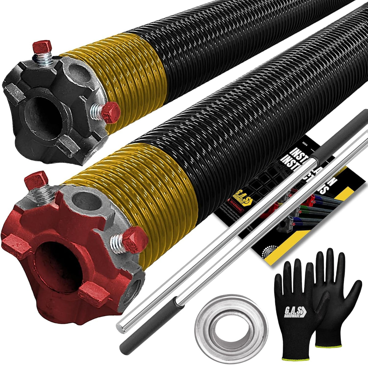 Garage Door Torsion Spring 250x1.75x33 Includes 1” Steel Bearing, Non-Slip Gloves, and Winding Bars for Left and Right Side of Garage Door Precision E-Coating 5-Year Warranty Min. 30,000 Cycles (Pair)