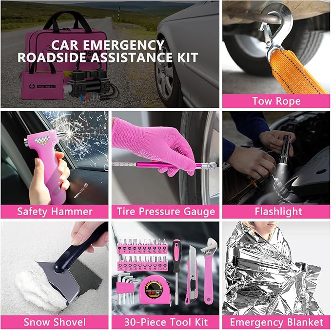 Car Emergency Kit with Portable Air Compressor - Roadside Assistance Emergency Kit with Jumper Cables, First Aid Kit, Auto Tool Set, Winter Safety Kit for Women, Men, Teen (Pink)