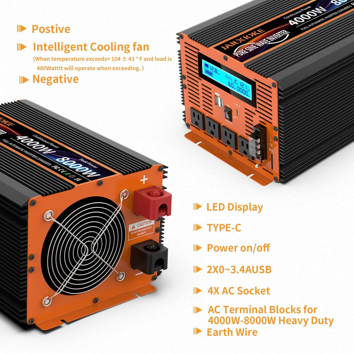 4000 Watt Pure Sine Wave Power Inverter 12V DC to 110V 120V Converter for Family RV Off Grid Solar System Car with Type-C Ports 4 AC Power Outlets Dual USB Ports LCD Display and Remote Control