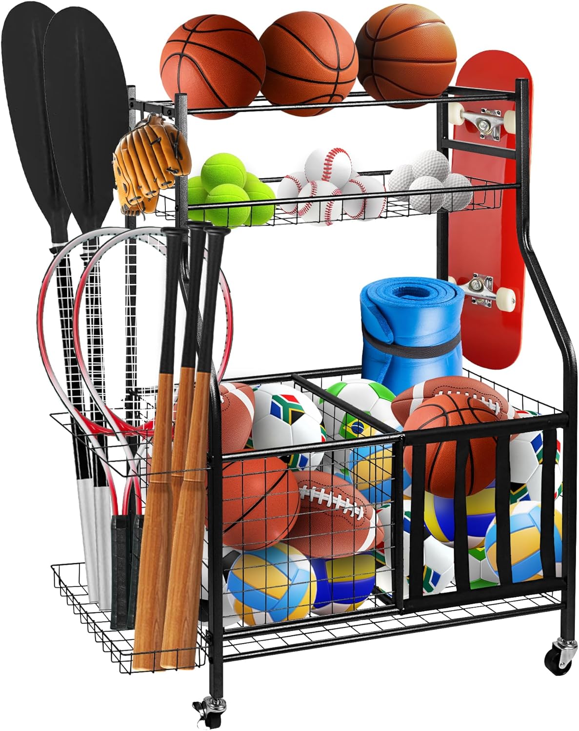 Garage Sports Equipment Organizer, Ball Storage Rack,Garage golf Organizer with Basket and Hooks,Rolling Sports Ball Storage Cart for Toy Gear Storage (45.71 inch)