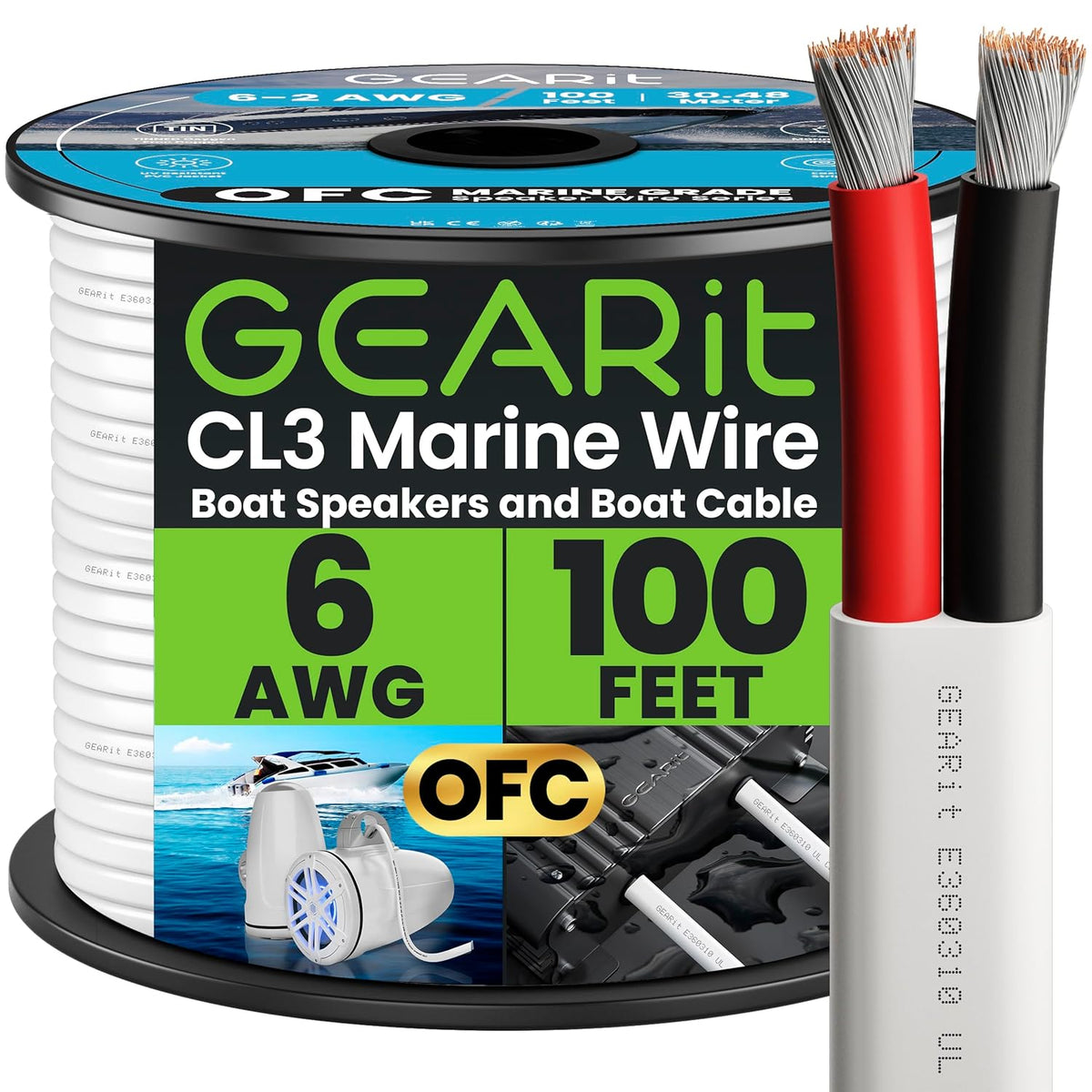 GEARit 6 Gauge Marine Wire, 6/2 AWG (100ft) Marine Grade Tinned Copper Oxygen Free, Duplex 2-Conductor Insulated Red & Black Electrical Cable for Boat, Automotive, RV, Camper, Trailer