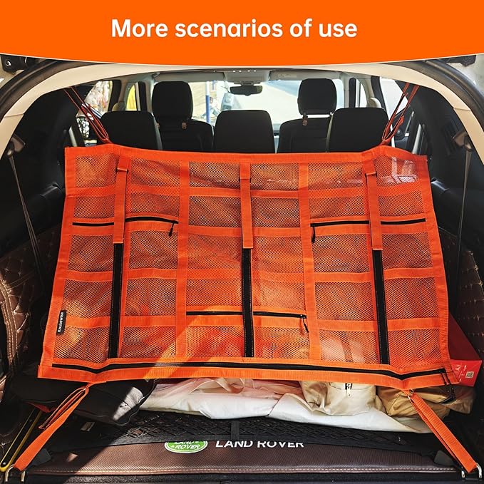 Kaskawise SUV Car Ceiling Cargo Net with Adhesive Straps,Double-Layer Mesh Car Roof Net Storage for Truck, Van,Travel Long Road Trip Camping Interior Accessories 39.3 X 23.6 Inch,Orange