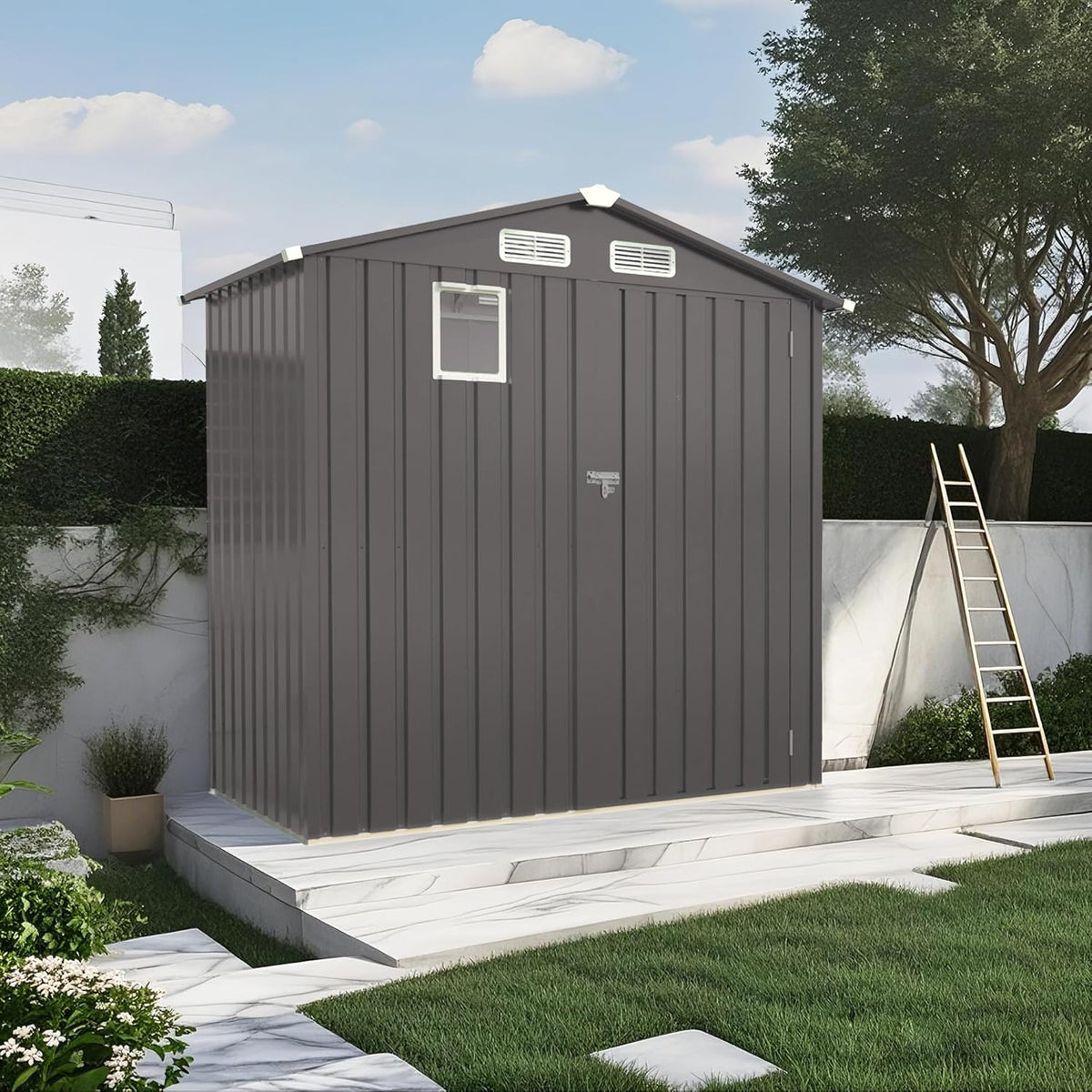6X3.5 FT Outdoor Storage Shed with Window, Metal Garden Sheds w/Lockable Door and Vents, Waterproof Steel Tool House for Backyard, Patio, Lawn, Sundries & Utility Storage, Gray