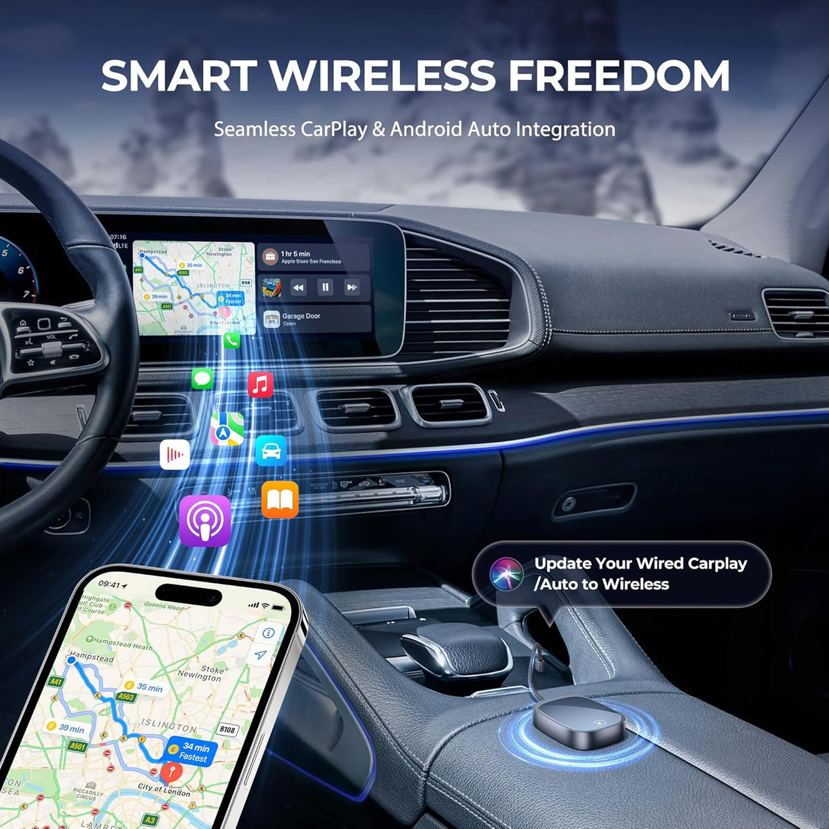 Wireless CarPlay/Android Auto Adapter 2 in 1 - Converts Wired Carplay & AndroidAuto to Wireless Plug and Play Car Play Wireless Adapter Compatible with iPhone 6+/iOS 10+ and Android 11+