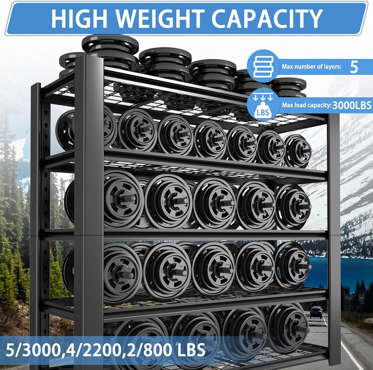 5-Tier Heavy Duty Garage Shelving Unit with Wire Shelves,3000 LBS Capacity Metal Storage Rack 76"H x 60"W x 24"D,Adjustable Boltless Steel Shelves for Garage,Basement,Pantry,Warehouse.2 Pack