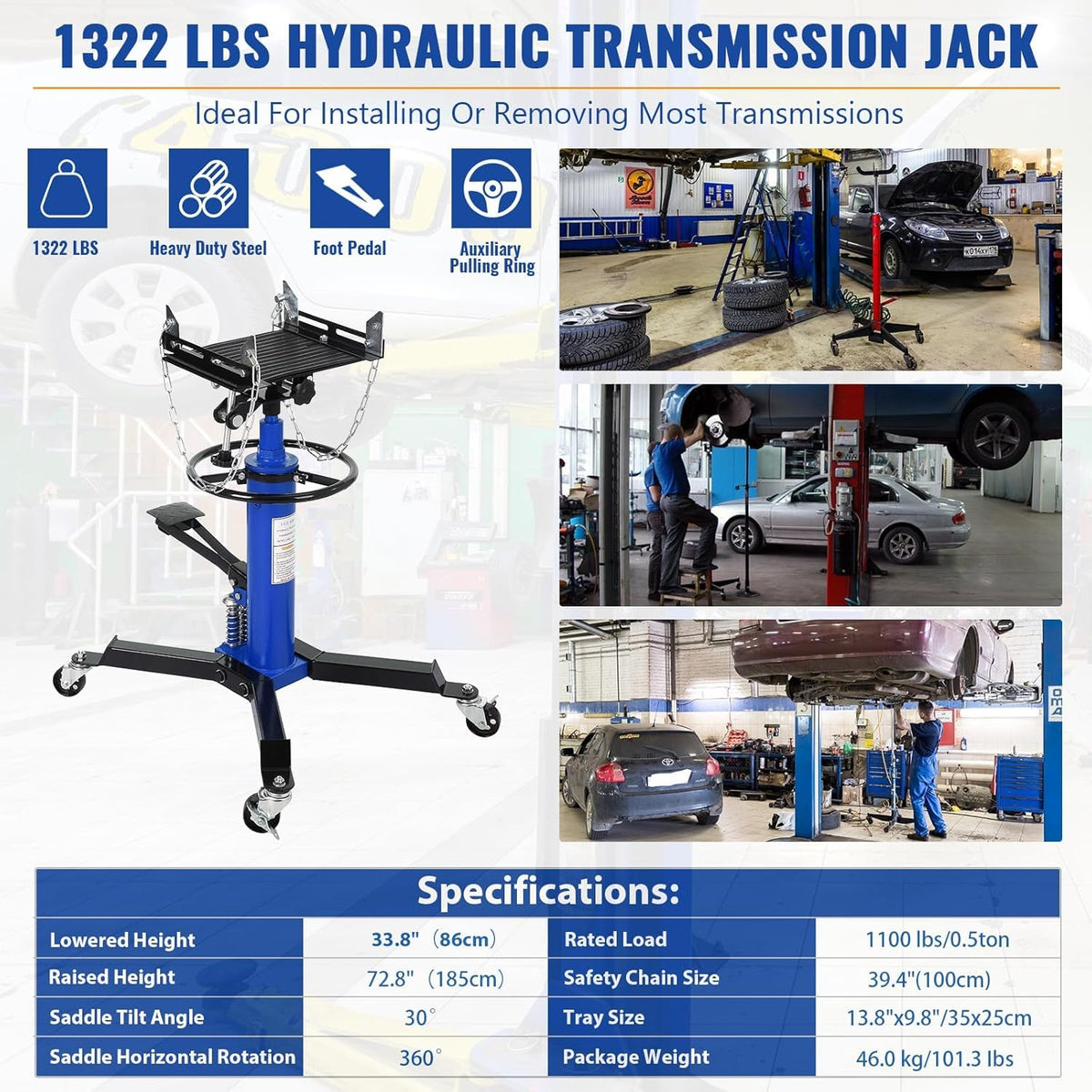 Transmission Jack with Wheels-Hydraulic Transmission Jack with Foot Pedal, 1/2Ton(1322LBS) High Telescoping Lift Jacks 33.8" to 72.8" for Garage and Shop