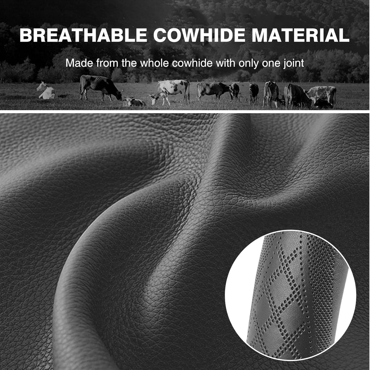 【2025 Model】 Real Cowhide Steering Wheel Cover for Men Women，Gray Genuine Leather Steering Wheel Cover for Cars,Universal 14.5-15 inch Steering Wheels,Grid & Square Motif