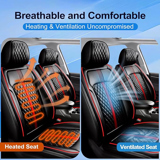 Fit Colorado Car Seat Covers for Select Chevy/Chevrolet Colorado 2015-2026 - Premium Full Coverage Leather, Waterproof & All Weather Seat Cushion Protector, Full Set, Black with Red Trim