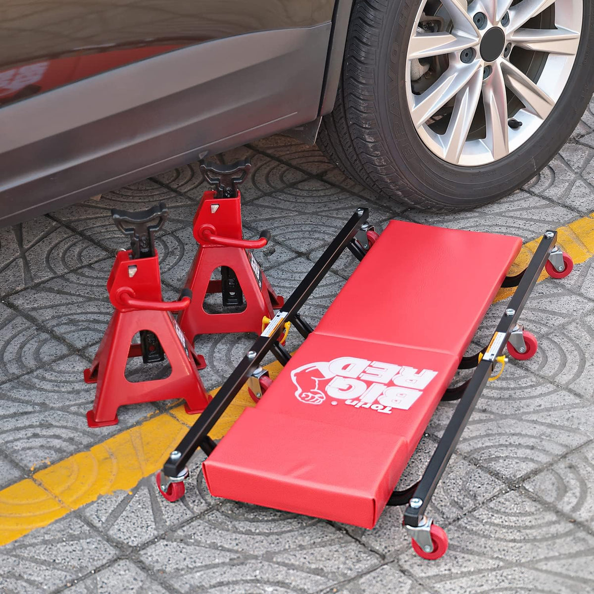 BIG RED 36" 2-Piece Padded Rolling Garage/Shop Creeper, Mechanic Cart with Headrest and 6 Casters, Red TR7565R Torin