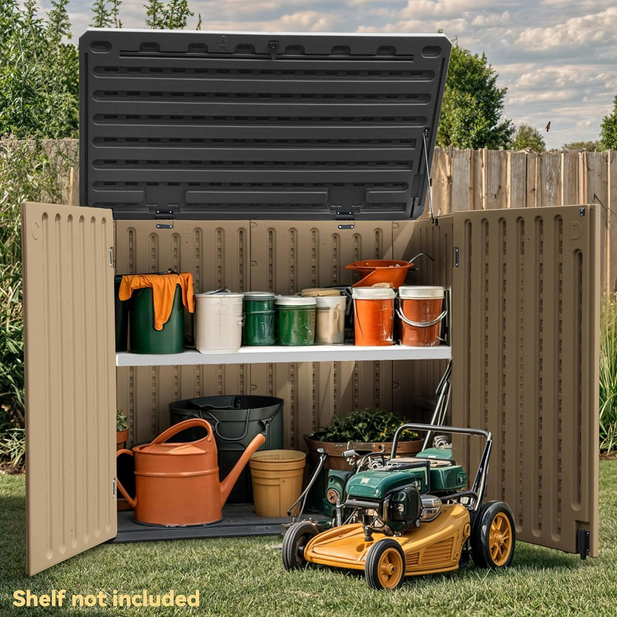DWVO 35 Cuft Outdoor Horizontal Storage, Waterproof Resin Storage Shed with Floor and Multiple Accesses for Garden Tools, Easy Assembly, Brown (No Shelf Included)