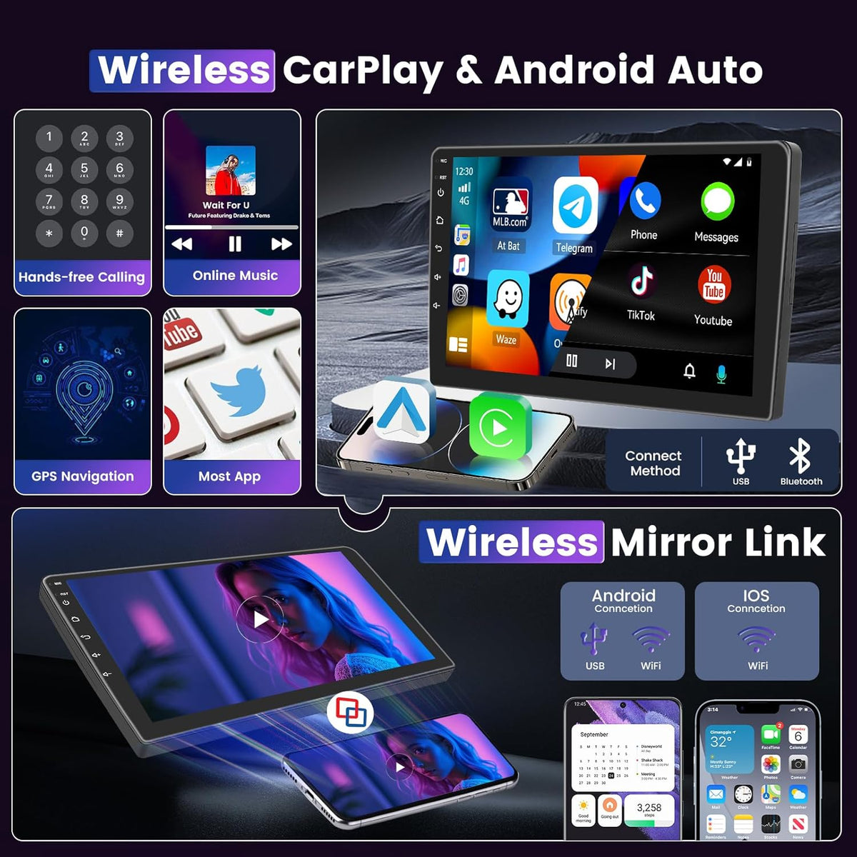 8 Core 4G+64G Car Stereo for Toyota Corolla EX 2007-2012 5G WiFi DSP/32EQ Wireless Carplay Android Auto, 9 Inch 1280 * 720 IPS Touch Screen Car Radio with BT 5.0/Mirror Link/GPS Backup Camera