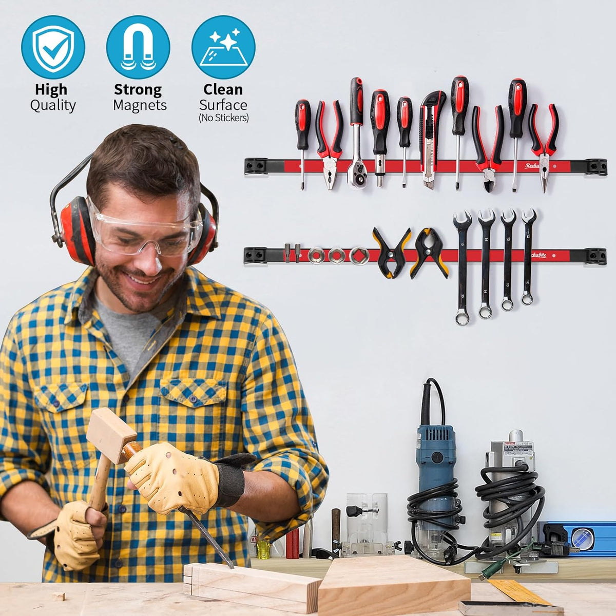 6 Pieces 24" Magnetic Tool Holder Strip, Red Magnet Bar, Metal Tool Organizer Rack for Garage Organization, Easy To Install in Workshop, Mounting Screws Included