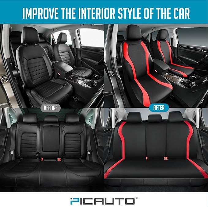 PIC AUTO Leather Car Seat Covers, Premium Automotive Waterproof Front & Rear Full Set Bucket Car Seat Protectors, Black and Red PVC Patchwork, Fits for Cars, Trucks, Van, SUV, Airbag Compatible