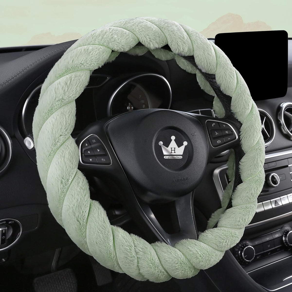 Luxury Fluffy Winter Car Steering Wheel Cover for Women Soft Warm Cute Auto Accessories for Jeep, Truck, Van, F150, Universal, Fuzzy, Anti Slip, Green, Large Size, 15.2-16in