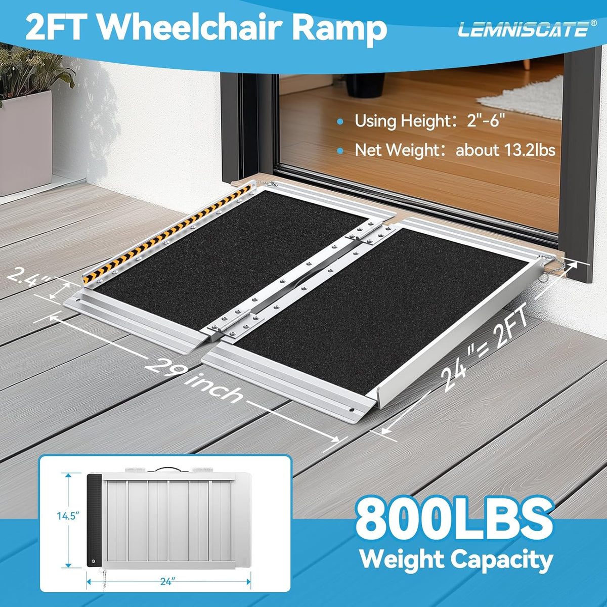 LEMNISCATE 2FT Wheelchair Ramps for Home Steps, Non-Skid Portable Handicap Aluminum Wheel Chair Ramps, 800LBS Capacity Folding Ramps for Wheelchairs for Homes, Entry, Shed, Doorways, Curbs, Stairs