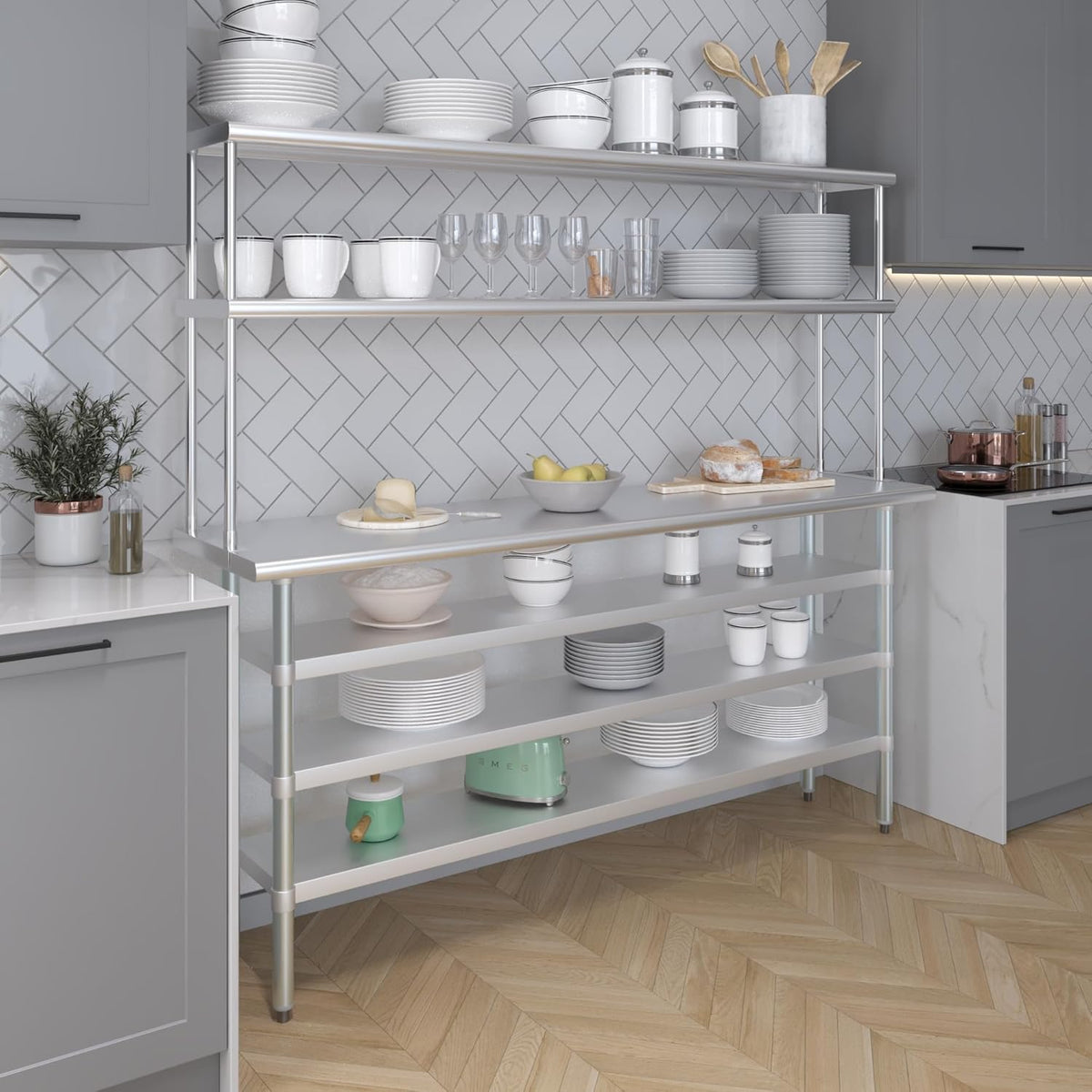 Amgood 18" x 72" Stainless Steel Work Table with 3 Shelves and 12" Wide Double Tier Overshelf | Metal Kitchen Prep Table & Shelving Combo | NSF