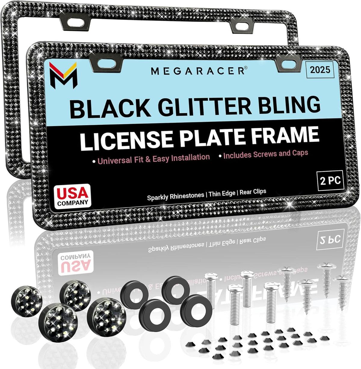 Elegant Bling License Plate Frames for Women - 2 Pack, 1600 Premium Black Rhinestones, Rust-Free Stainless Steel, Street Legal Slim Design, Sparkly Diamond Car Tag Holders with Glitter Crystal Covers