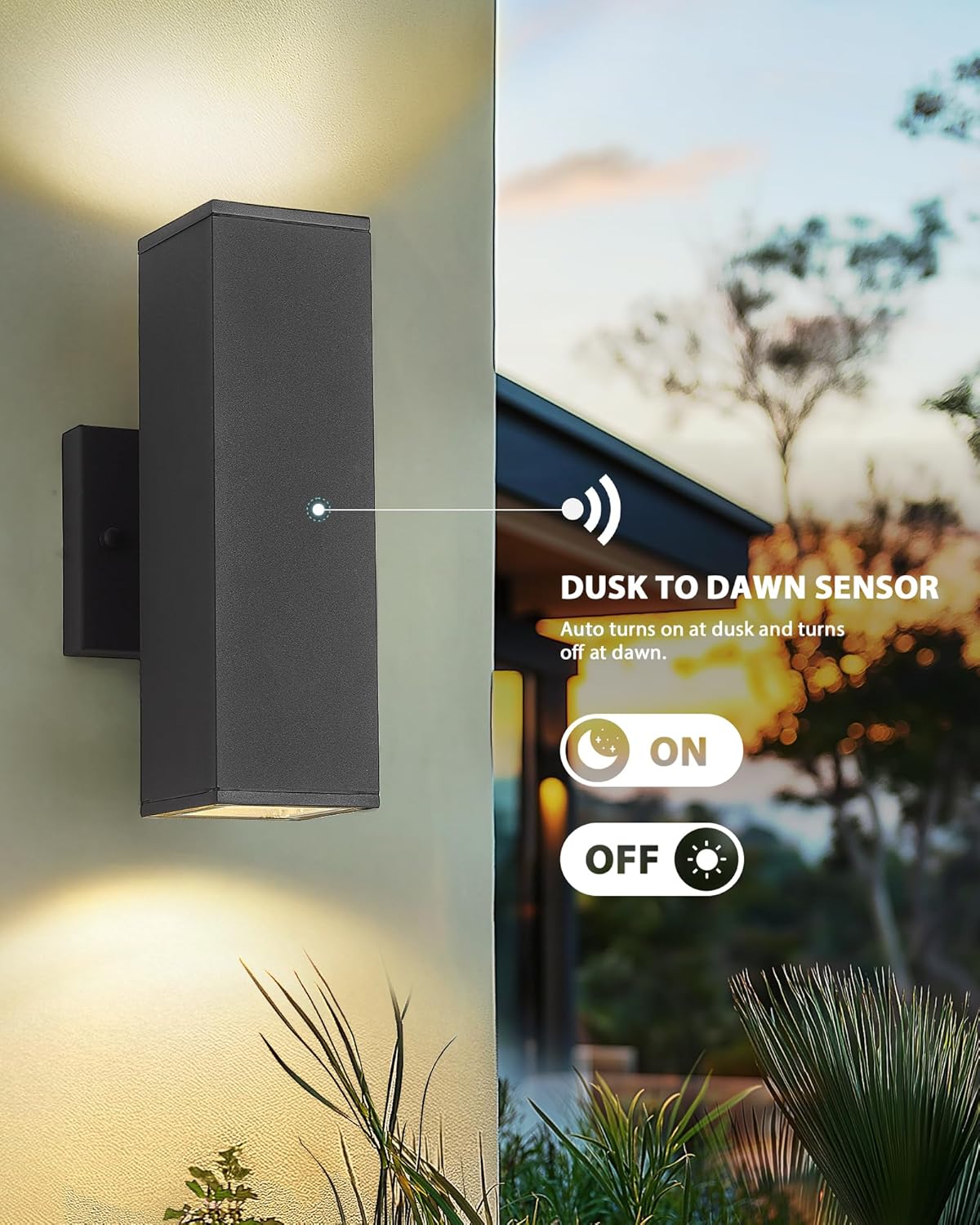 Ken & Ricky Dusk to Dawn Outdoor Lighting, Modern Exterior Wall Lights, Aluminum Waterproof, Black Up and Down Outdoor Porch Light with Glass Cover, KR3324-W-1PK-B