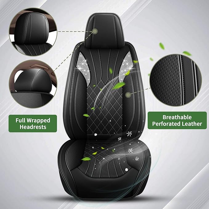 Bling Diamond Embroidered Seat Covers for Nissan Murano 2011-2025 2026, Full Set 5 Seats, Sparkle Rhinestone Breathable Perforated Faux Leather Car Seat Covers for Women (Black)