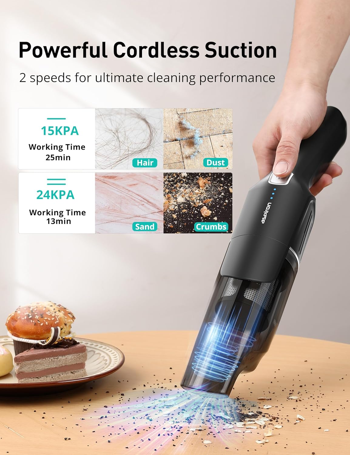 Aspiron Cordless Handheld Vacuum, 24KPA Powerful Car Vacuum, Rechargeable, Charging Dock, Ergonomic Handle, 2-in-1 Crevice Tool, 1.8lb Portable Vacuum Cleaner with 2-Speed for Car, Home, Black Silver