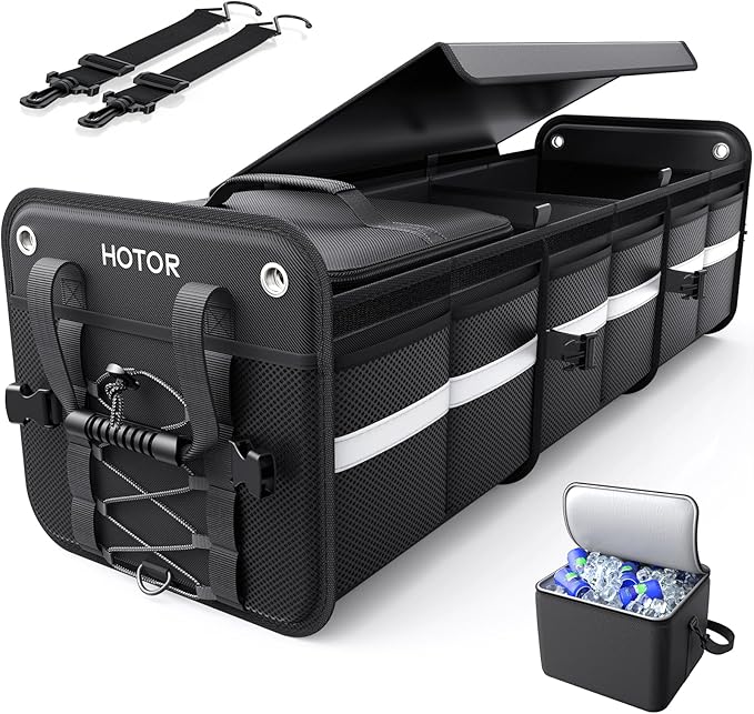 HOTOR Trunk Organizer - 3-Compartment Car Organizer and Storage with Cooler Bag, Foldable Car Storage Organizer for SUV with Handles & Strap for Shopping, Picnic, 37.0" x 14.6" x 12.0", Black