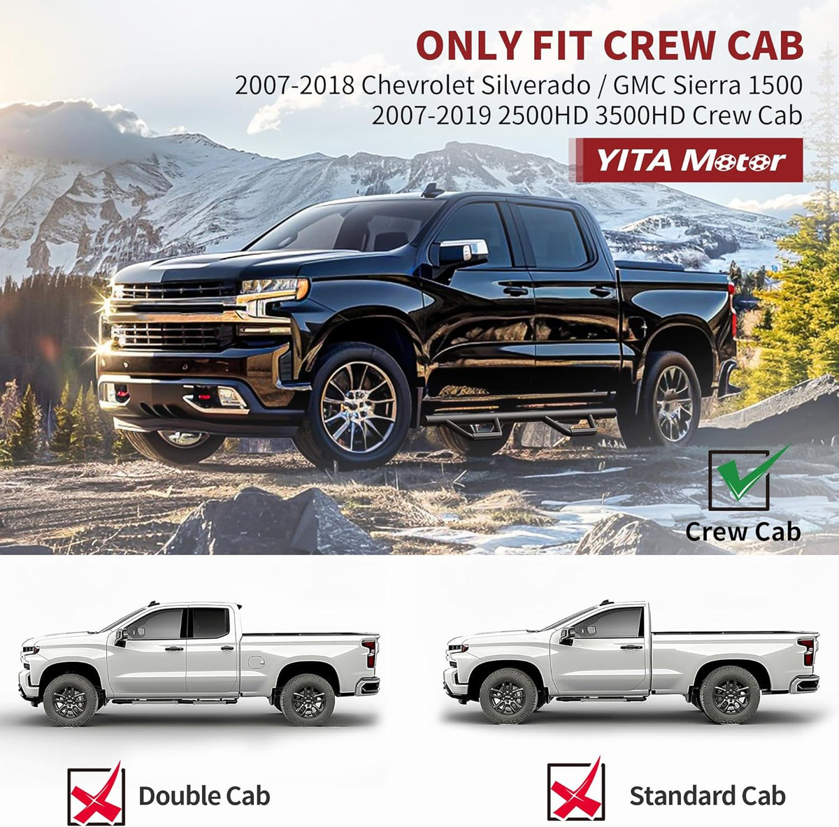 YITAMOTOR Drop Running Boards Compatible with 2007-2018 Chevy Silverado/GMC Sierra 1500 Crew Cab, 2007-2019 2500HD 3500HD Crew Cab Carbon Steel Side Steps Nerf Bars Rails