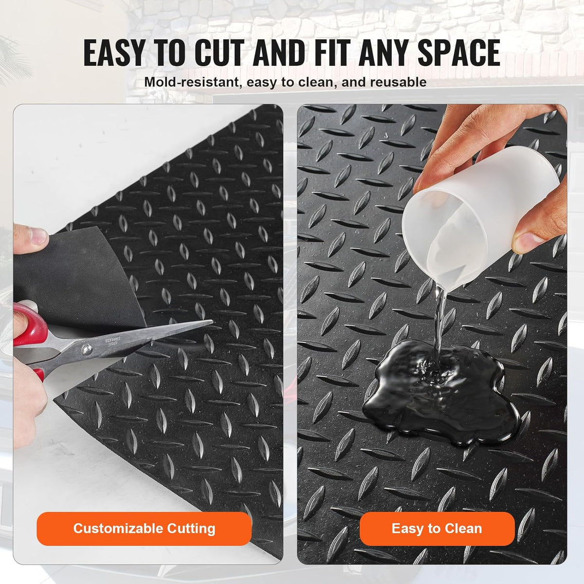 VEVOR Diamond-Plate Flooring Roll, SBR Rubber Mat, Easy to Clean, Gym & Garage Industry, Black
