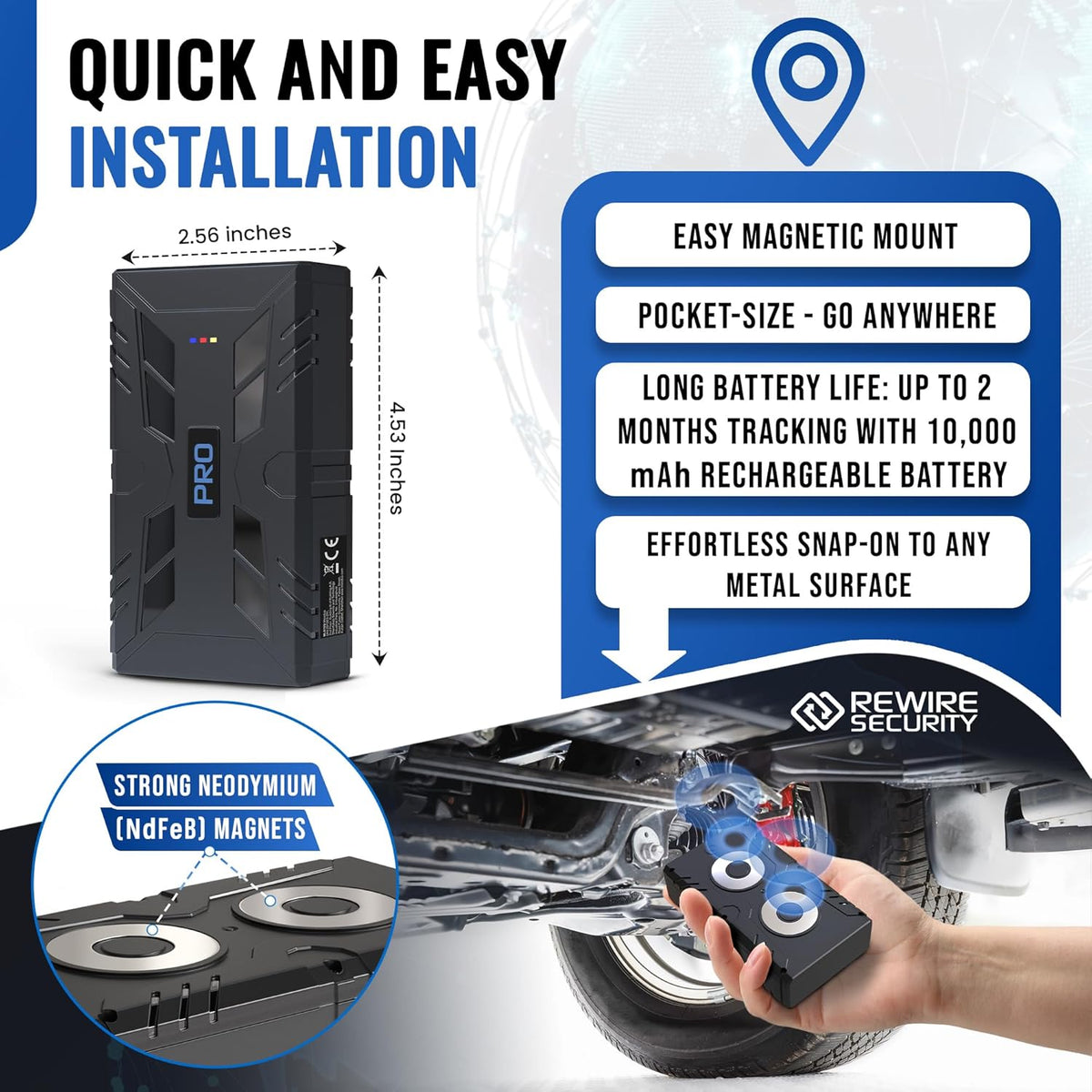 REWIRE SECURITY 104-Pro 4G Magnetic GPS Tracker for Vehicle | Easy Mount | Fits with Car, Truck, Van & Motorbike | Portable Live Tracking | Up to 2 Month Battery Life | Low Cost Subscription Plans