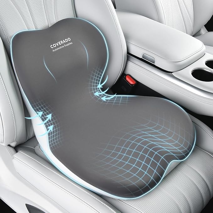 Coverado [Upgraded] Car Seat Cushion and Lumbar Support Pillow One Piece, Memory Foam Ergonomic Back Support Driving Seat Cushion for Back Pain, Non-Slip Washable Cushion for Car, Driver, Office
