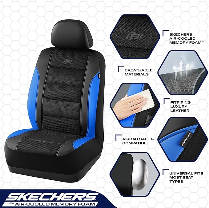 Skechers Aircooled & Memory Foam Seat Covers,Premium Leather with EVA Mesh Car Seat Covers,Seat Cover Full Sets,Airbag Compatible Automotive Comfort for Most Cars, Vans, Trucks, SUV,Blue