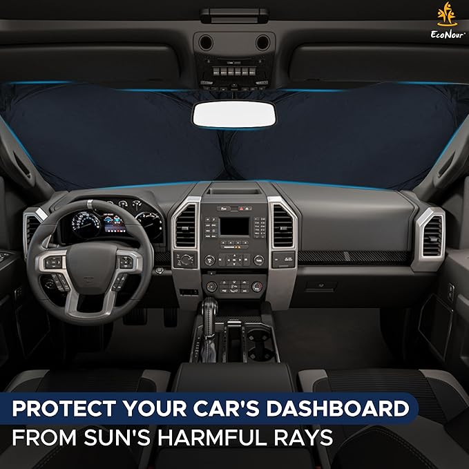 EcoNour Truck Windshield Sun Shade with Storage Pouch | Reflective 240T Material Sun Shield for UV & Heat Protection | Foldable Windshield Cover | Must-Have Truck Accessories | X-Large (69"x35")