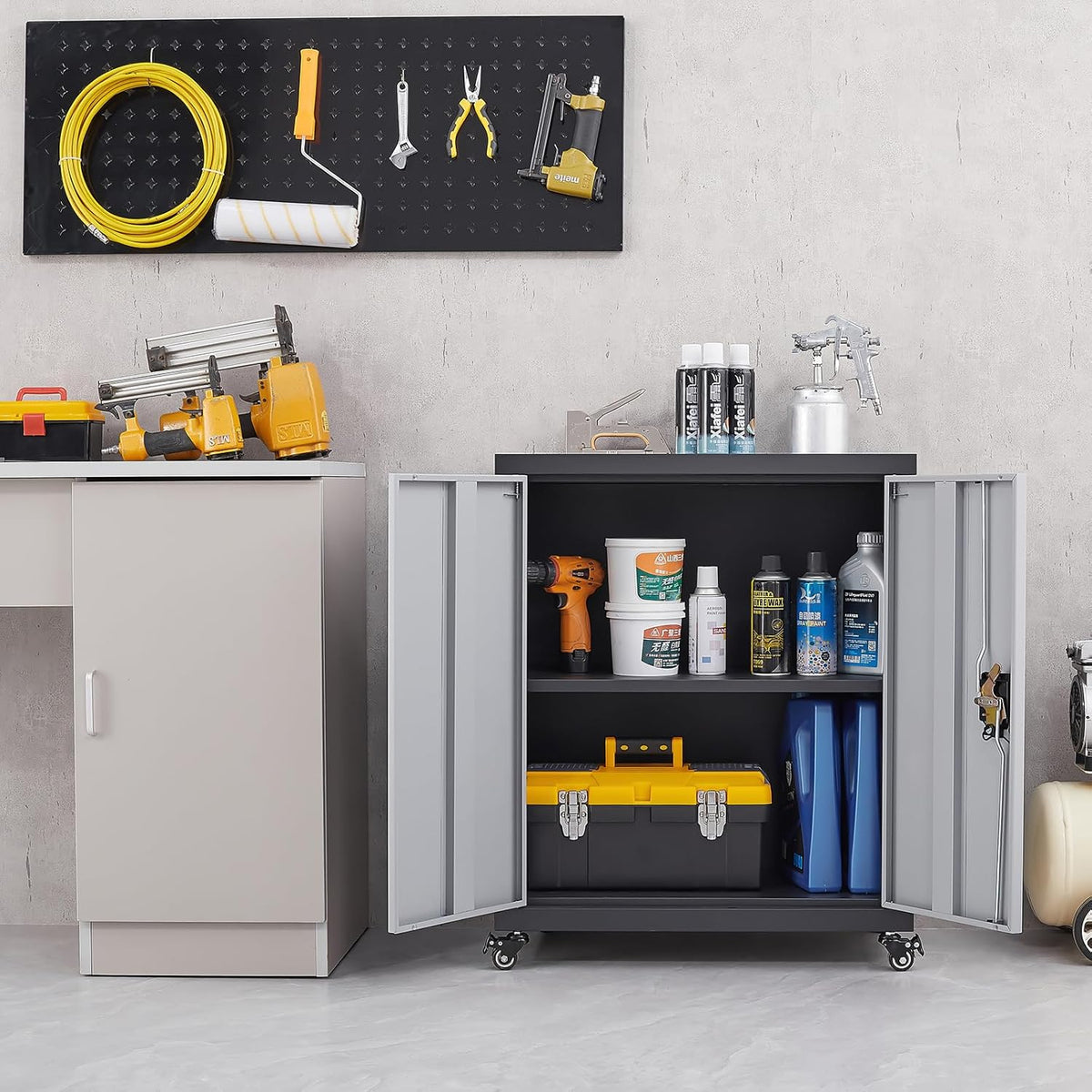 LUCYPAL Metal Storage Cabinet with 2 Doors,Steel Storage Cabinet with Adjustable Shelves and Wheels,Locking Tool Cabinets for Office,Home,Garage,Black&Grey 31.5" H