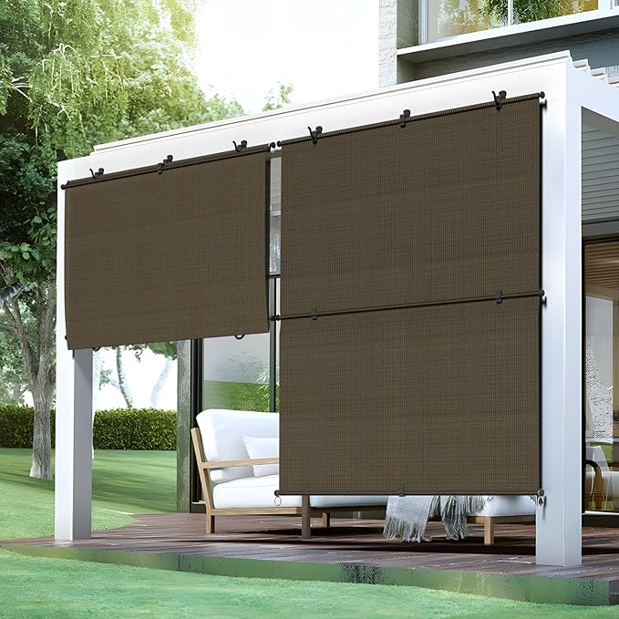 Bynbbur 5'W x 10.5'H Outdoor Patio Shades Foldable Roller Blinds, 220 GSM Sun Shade Roll Up Porch Screens Exterior Shade Cloth for Deck Pergola Backyard, Brown