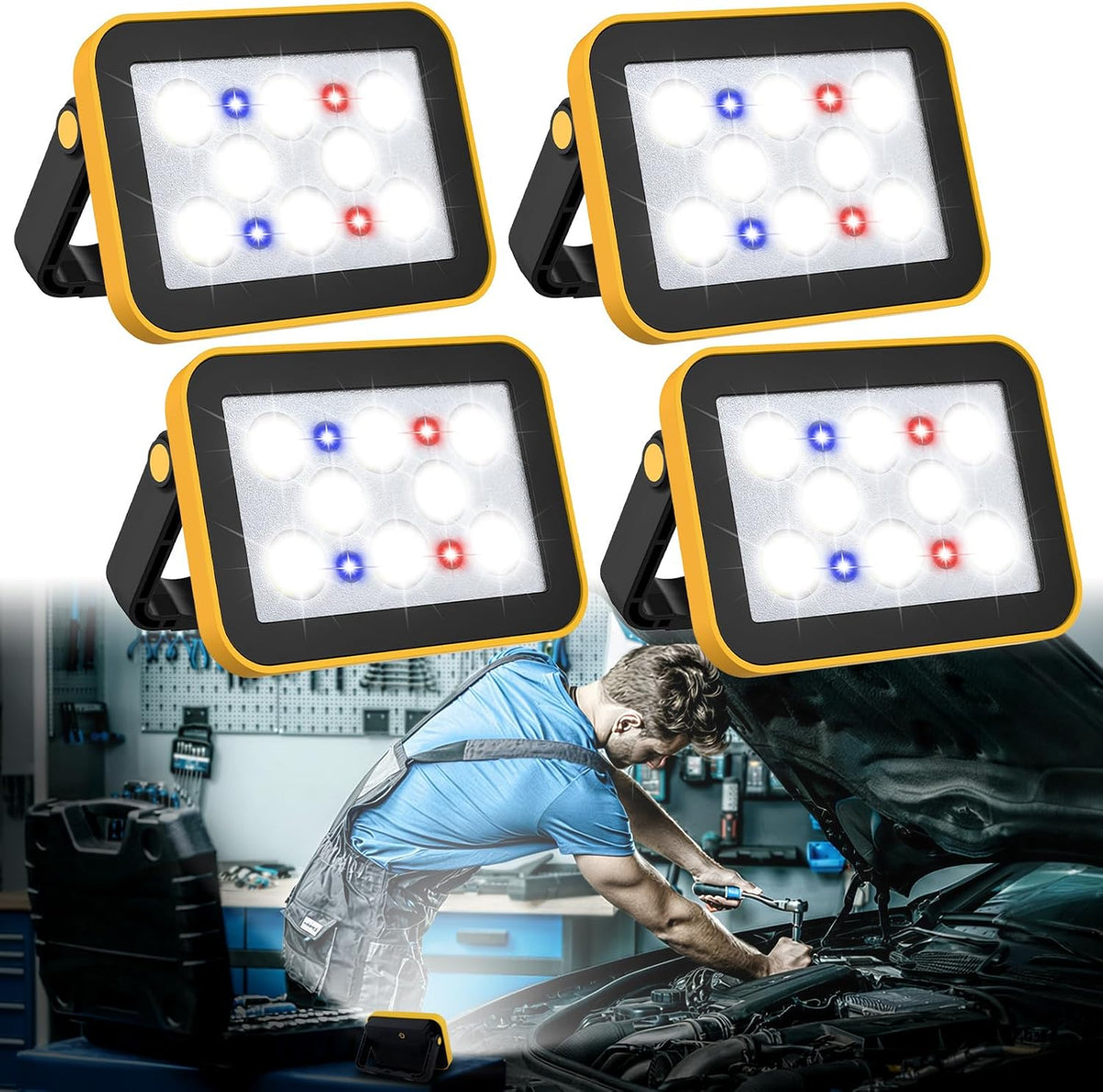 4 Pack Work Light Portable COB LED Super Bright Rechargeable Flood Light Working Lamp Stand USB Cordless Battery Powered Worklight Tool for Outdoor Camping