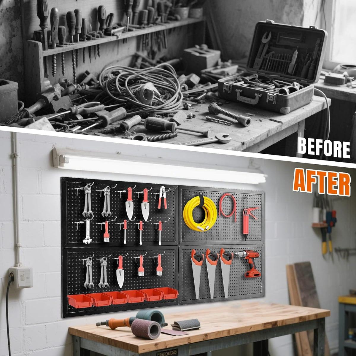48x24 Inch Metal Pegboard Wall Organizer, Black Pegboard Panels Tool Organizer Kit with Accessories Hooks and Bins, Peg Board Utility Tool Storage for Garage Workbench Shed