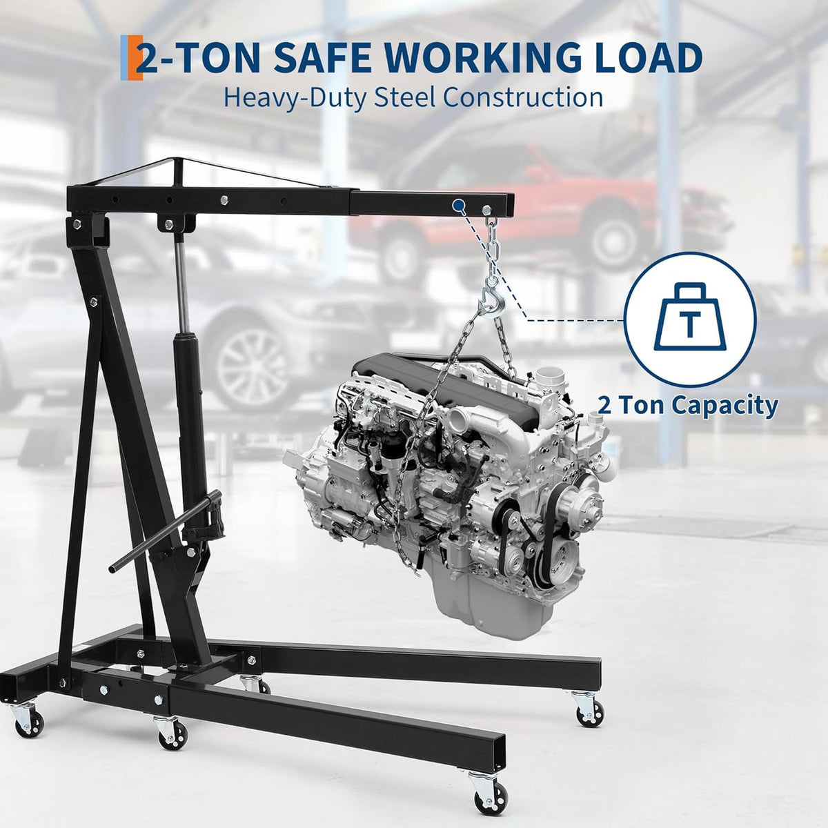 Engine Hoist Cherry Picker, 2 Ton Folding Hydraulic Engine Hoist with Telescopic Boom & 6 Casters, Heavy Duty Shop Crane Lifting Cherry Picker for Workshops Garage, Black