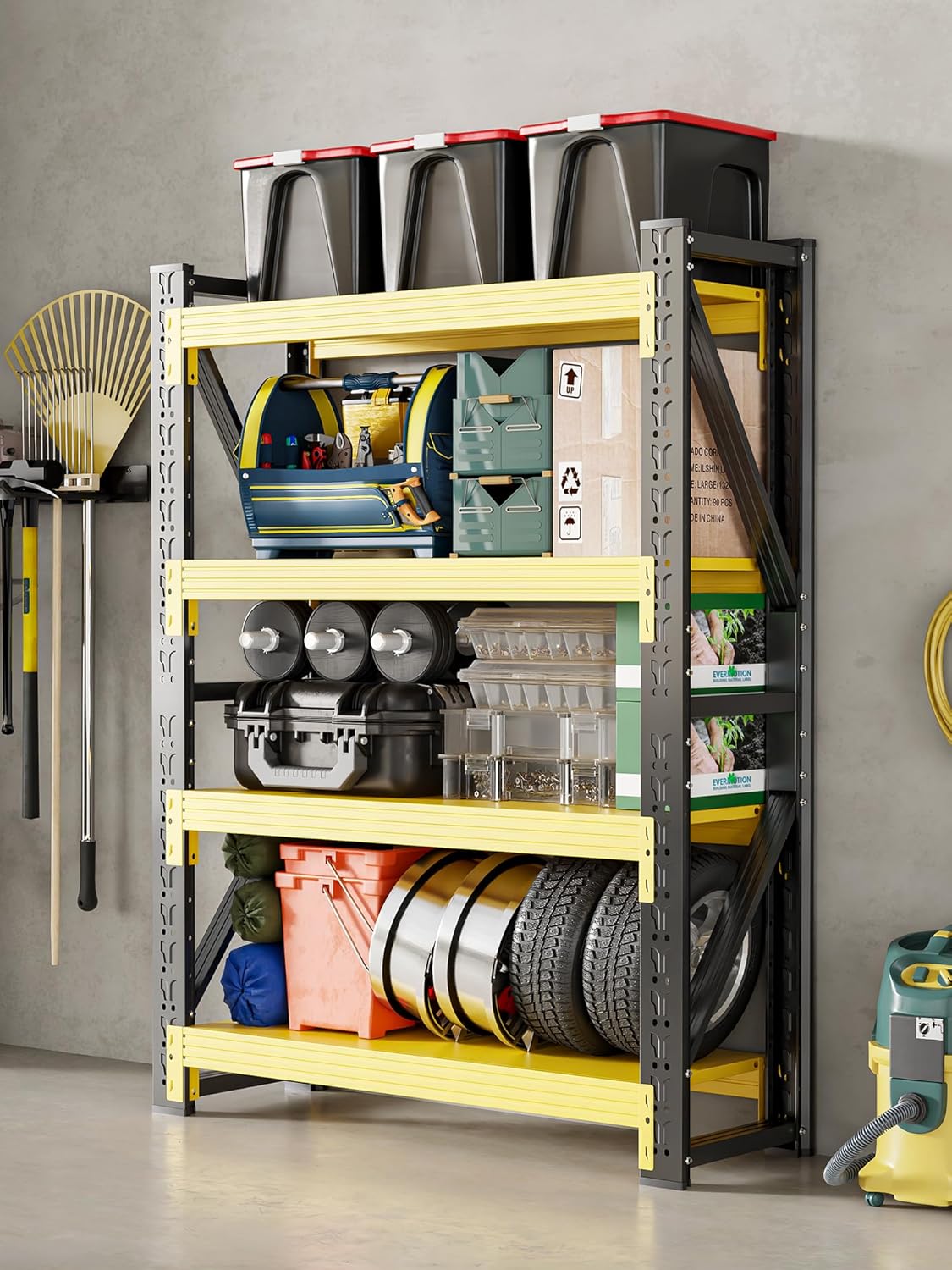 4-Tier Storage Shelves,79" H Heavy-Duty Garage Shelving Unit,Adjustable Industrial Metal Shelf System,3,400lbs Capacity,Tool Organizer for Garage,Workshop,42" W*20" D*79" H,Black&Yellow