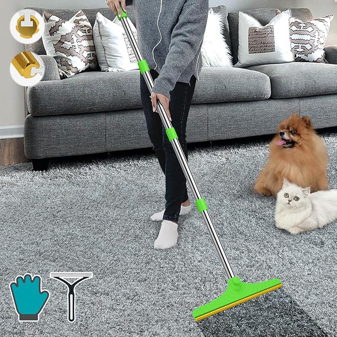 B-Land Carpet Rake for Pet Hair Removal, Reusable Pet Hair Remover with 60” Adjustable Long Handle, Carpet Scraper Dog Cat Hair Remover Tool for Rugs, Mats, Couch, Furniture Green
