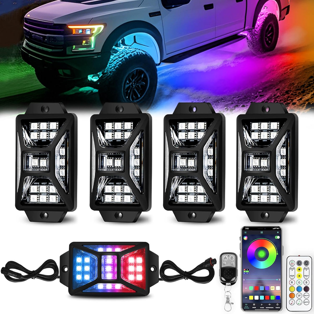 4 Pods 84 LEDs 5 Sides RGB Rock Lights, App/Remote Control Rock Lights for Trucks, Waterproof Multi-Color Bright Underglow Kits with Music Mode, Compatible with 12V-24V Jeep UTV SUV ATV Golf RZR