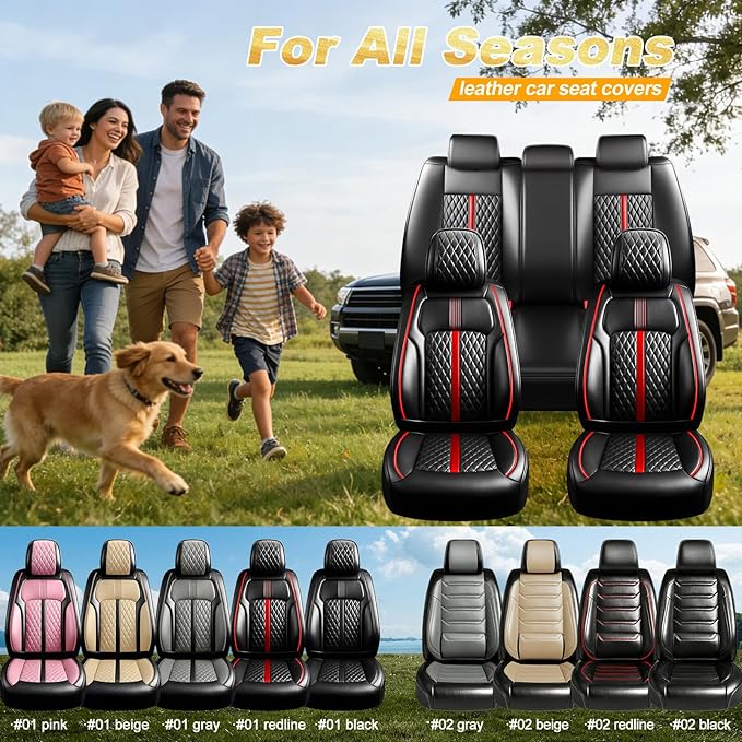 Fit Bolt Car Seat Covers for Select Chevrolet Bolt/Bolt EUV 2017-2025 - Premium Full Coverage Leather, Airbag Compatible, Waterproof & All Weather Seat Cushion Protector, Full Set, Red Trim