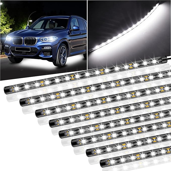 8 Pcs Car Led Light Strip IP67 Waterproof 11" Flexible Led Lights Underglow 12V for Car Motorcycle Boat Golf Cart Interior Exterior Decoration - White
