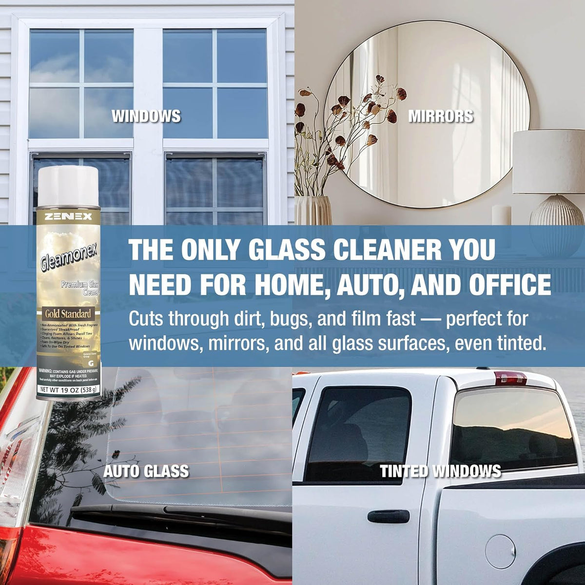 Zenex Gleamonex Premium Glass Cleaner - Fast Streak-Free Glass Cleaner Spray | Ammonia Free & Tint Safe | Removes Dirt, Grease, Smoke Film | For Glass & Plexiglas | Fresh Scent | 19 oz (2 Pack)