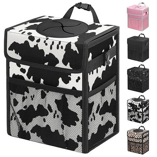 Capolo Car Trash Can with Lid, Leakproof Car Trash Bag Hanging Waterproof Automotive Garbage Can with Storage Pockets Mini Vehicle Trash Bin for Back/Front Seat(Cow Print,2.5 Gallon)