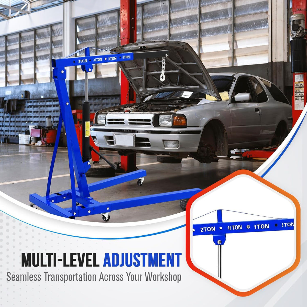 2 Ton Hydraulic Engine Hoist with Lever Stabilizer , Cherry Picker Engine Hoist, 4400LBS Heavy Duty Garage Crane with 6 Swivel Casters & Adjustable Telescopic Boom, for Auto Repair & Workshop (Blue)